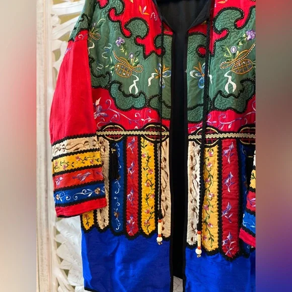 Rare Retro Embroidered Bedazzled Bright Colorful Vintage Silk Kimono Coat Jacket - Picture 10 of 13